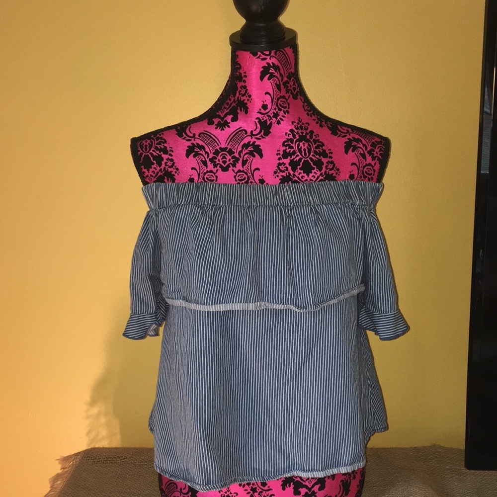 Blue and white striped off the shoulder shirt